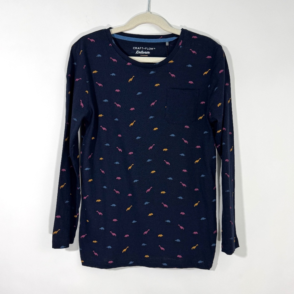 Craft + Flow Little Boy’s Size 7 Dark Navy Dinosaur Print Long Sleeve Cotton Tee
